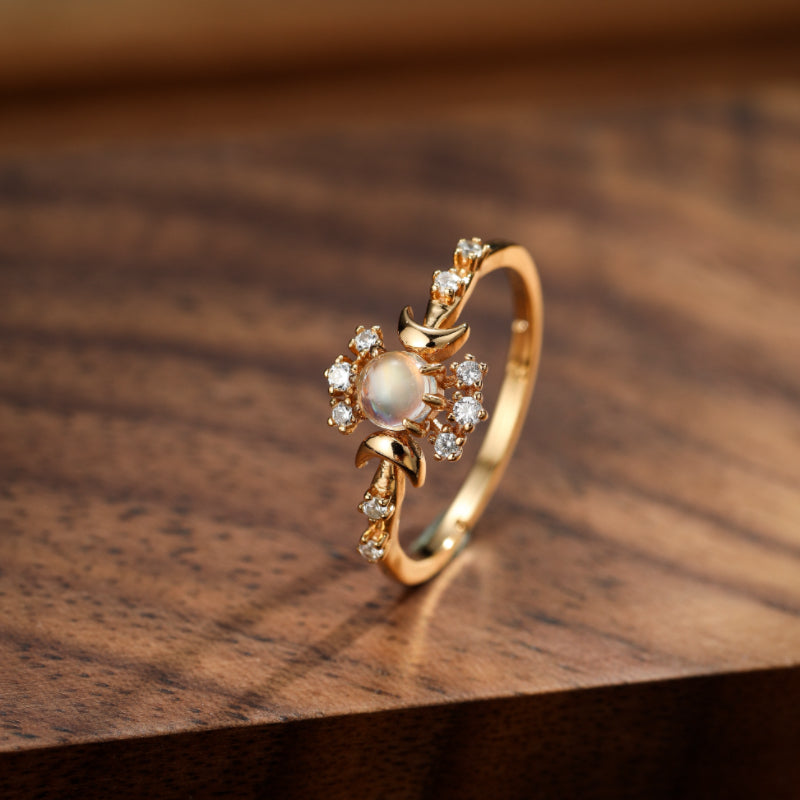 Bague Pierre de Lune – Étoile Lune, Argent Plaqué Or