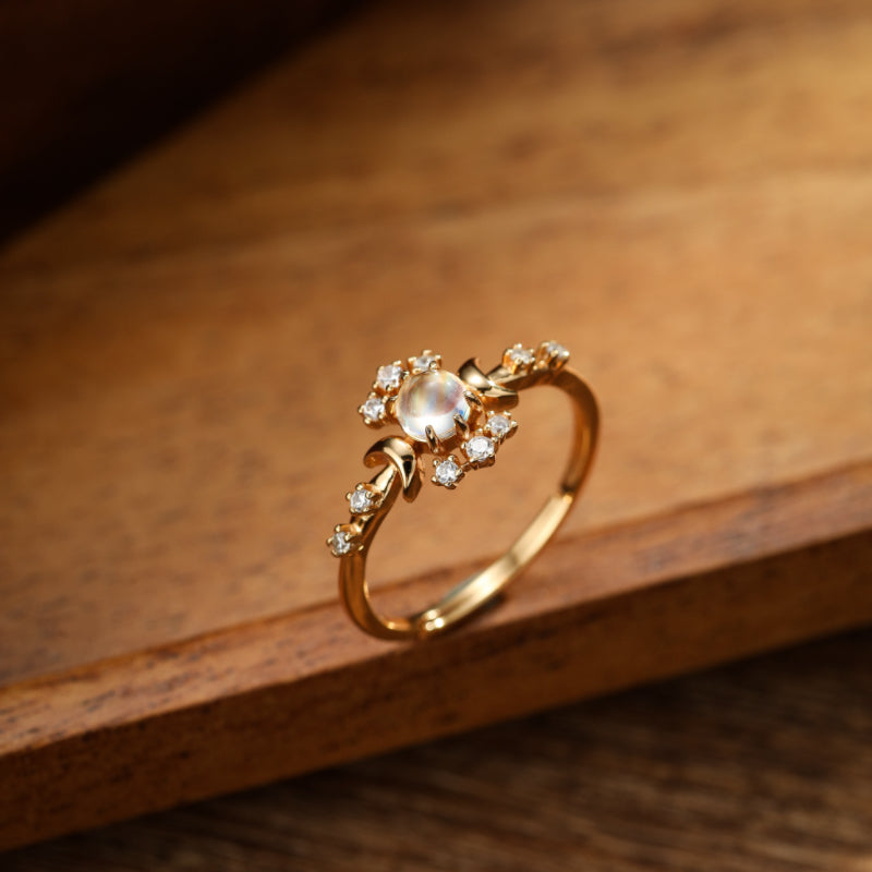 Bague Pierre de Lune – Étoile Lune, Argent Plaqué Or