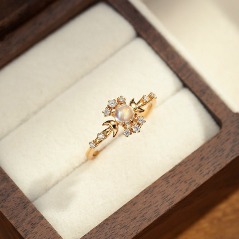 Bague Pierre de Lune – Étoile Lune, Argent Plaqué Or