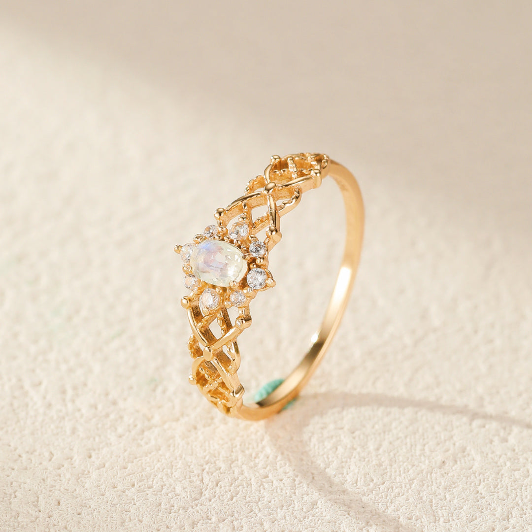 Bague Pierre de Lune – Fleur de Lune, Argent Plaqué Or