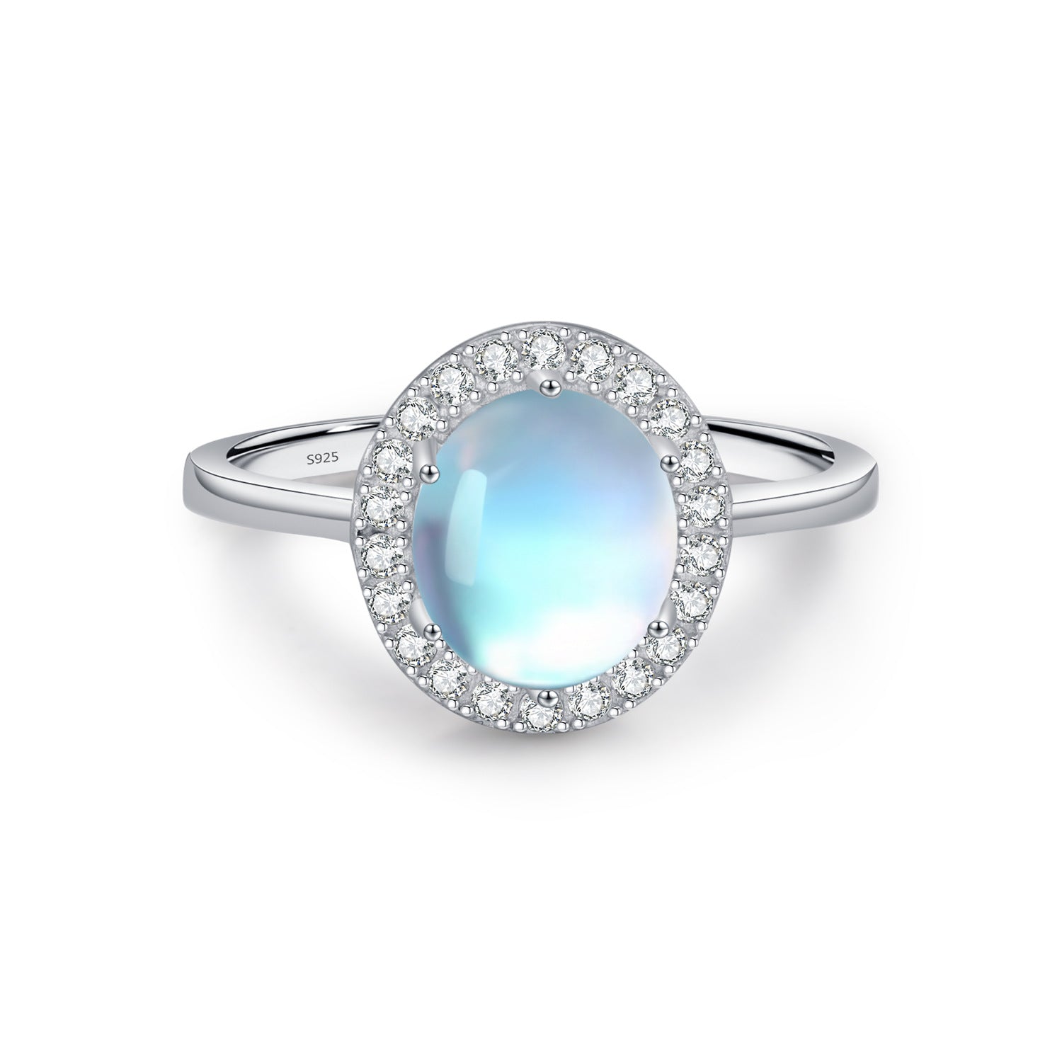 Bague en argent 925 avec une pierre de lune ovale bleutée et un halo de cristaux brillants, modèle Pureté Lunaire.