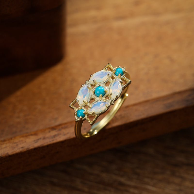 Bague Pierre de Lune – Turquoise Florale, Argent Plaqué Or