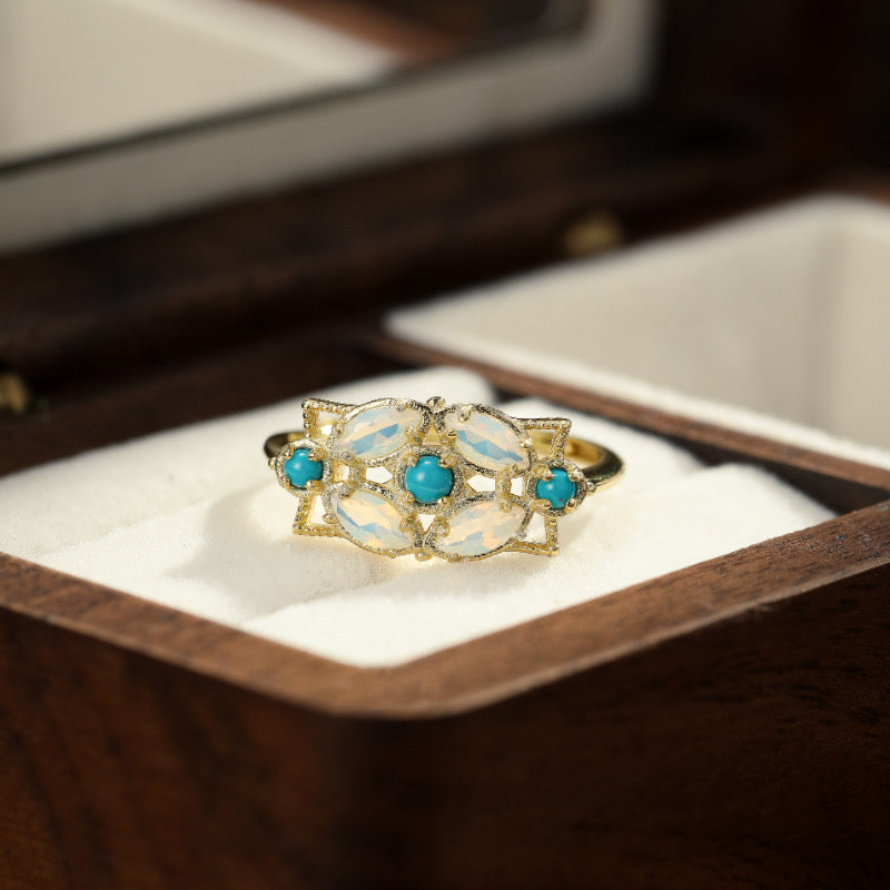 Bague Pierre de Lune – Turquoise Florale, Argent Plaqué Or