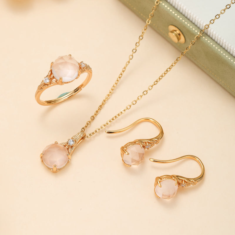 Rose Quartz Jewelry – Floral Radiance, Gold Plated Silver
