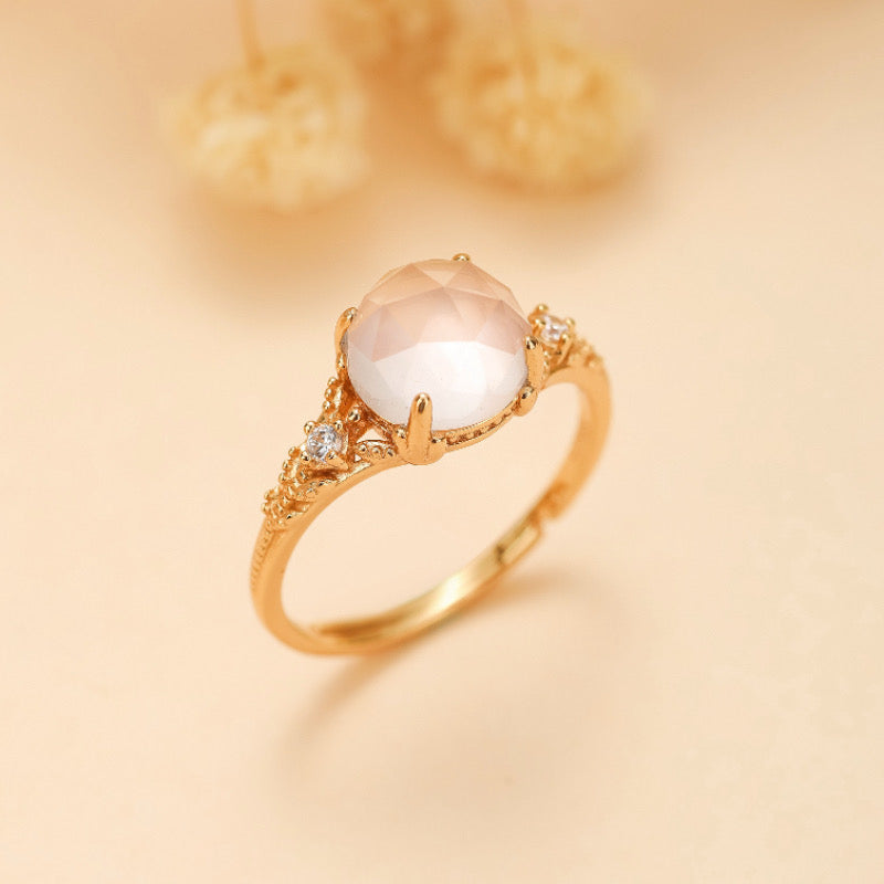 Rose Quartz Ring – Floral Radiance, Gold Plated Silver