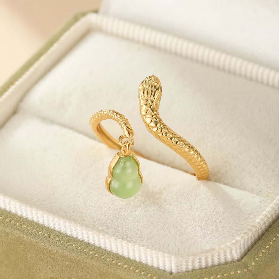 Bague Serpent et Jade – Harmonie Envoûtante, Argent Plaqué Or