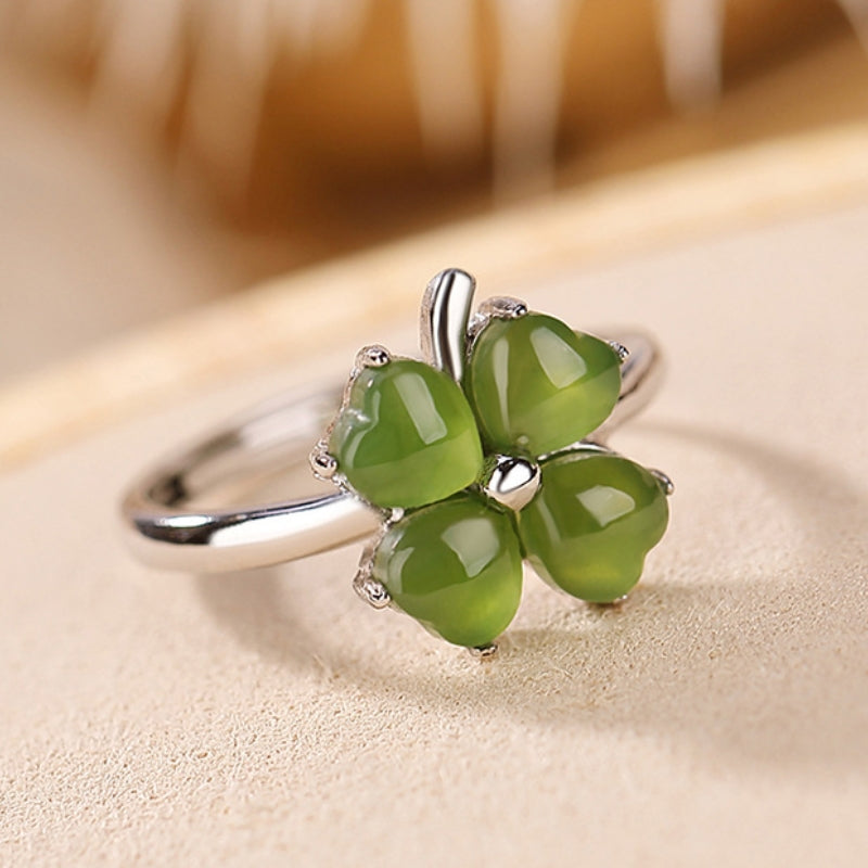 Bague Trèfle en Jade – Promesse de Bonheur, Argent Plaqué Or