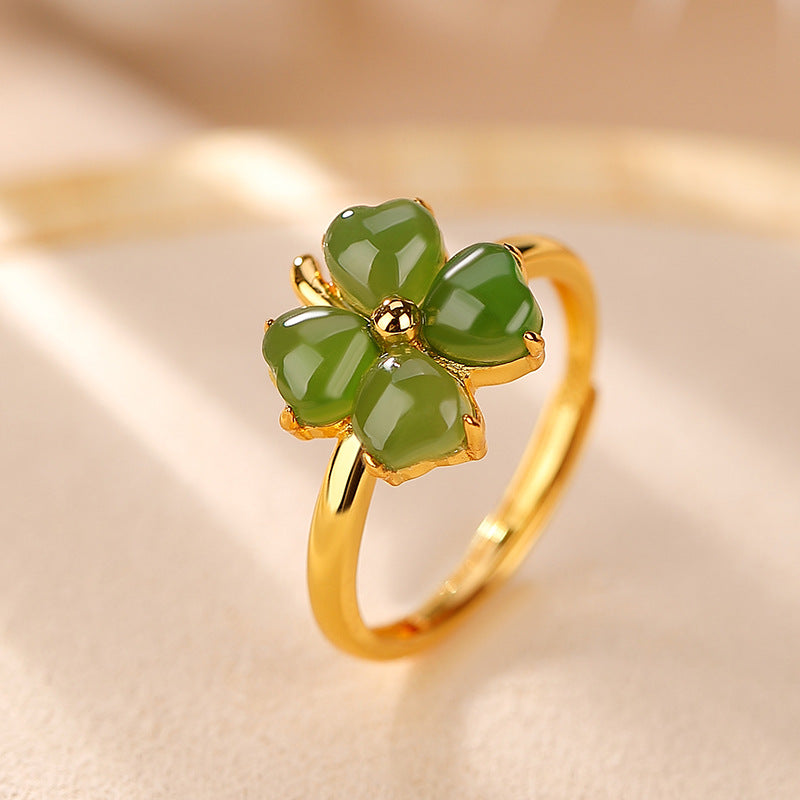 Bague Trèfle en Jade – Promesse de Bonheur, Argent Plaqué Or