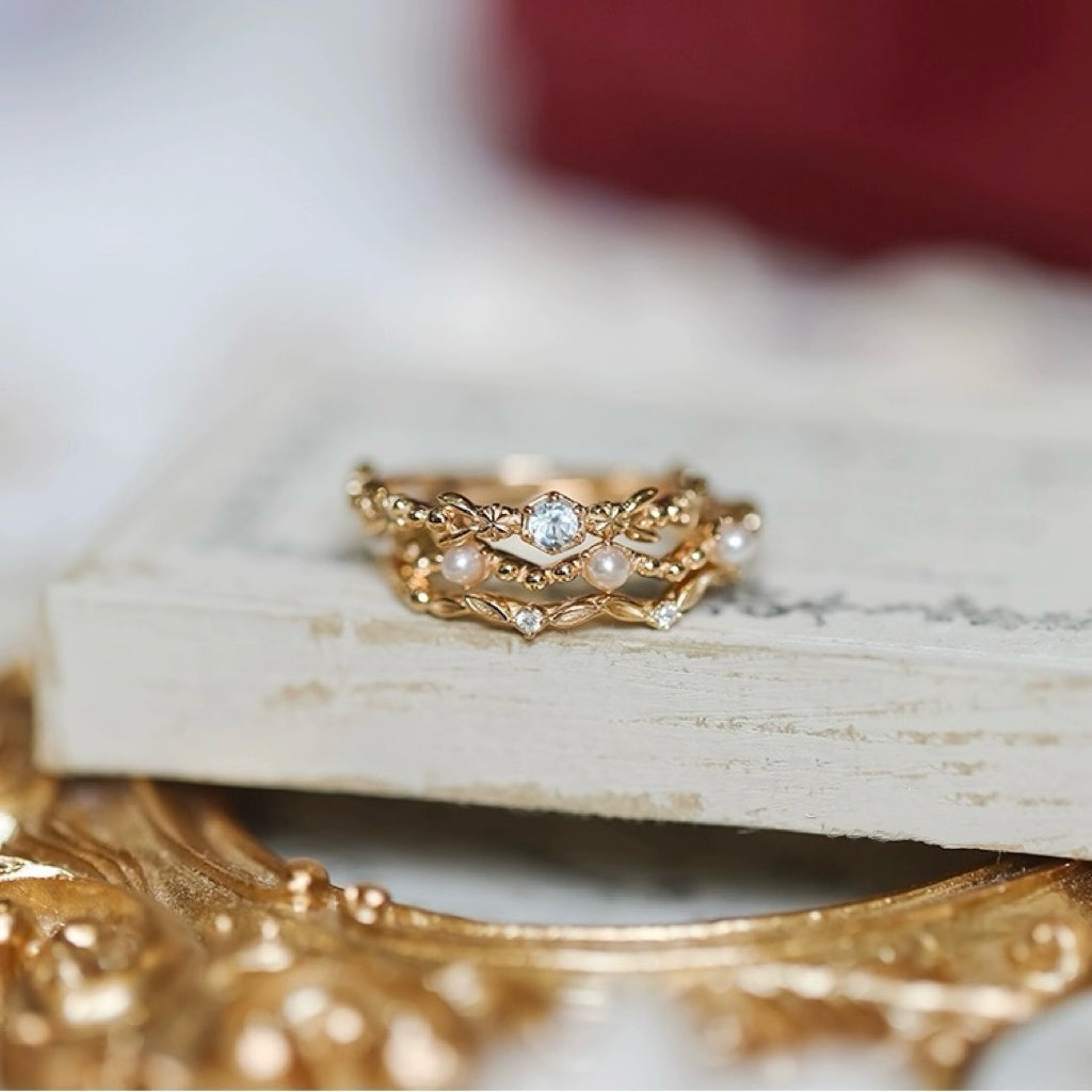 Aquamarine, Pearl and Zircon Trio Ring – Floral Serenity