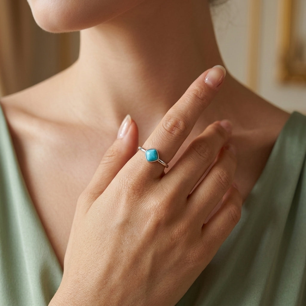 Bague fine en argent avec une turquoise carrée bleue au centre, portée sur une main d'une femme.