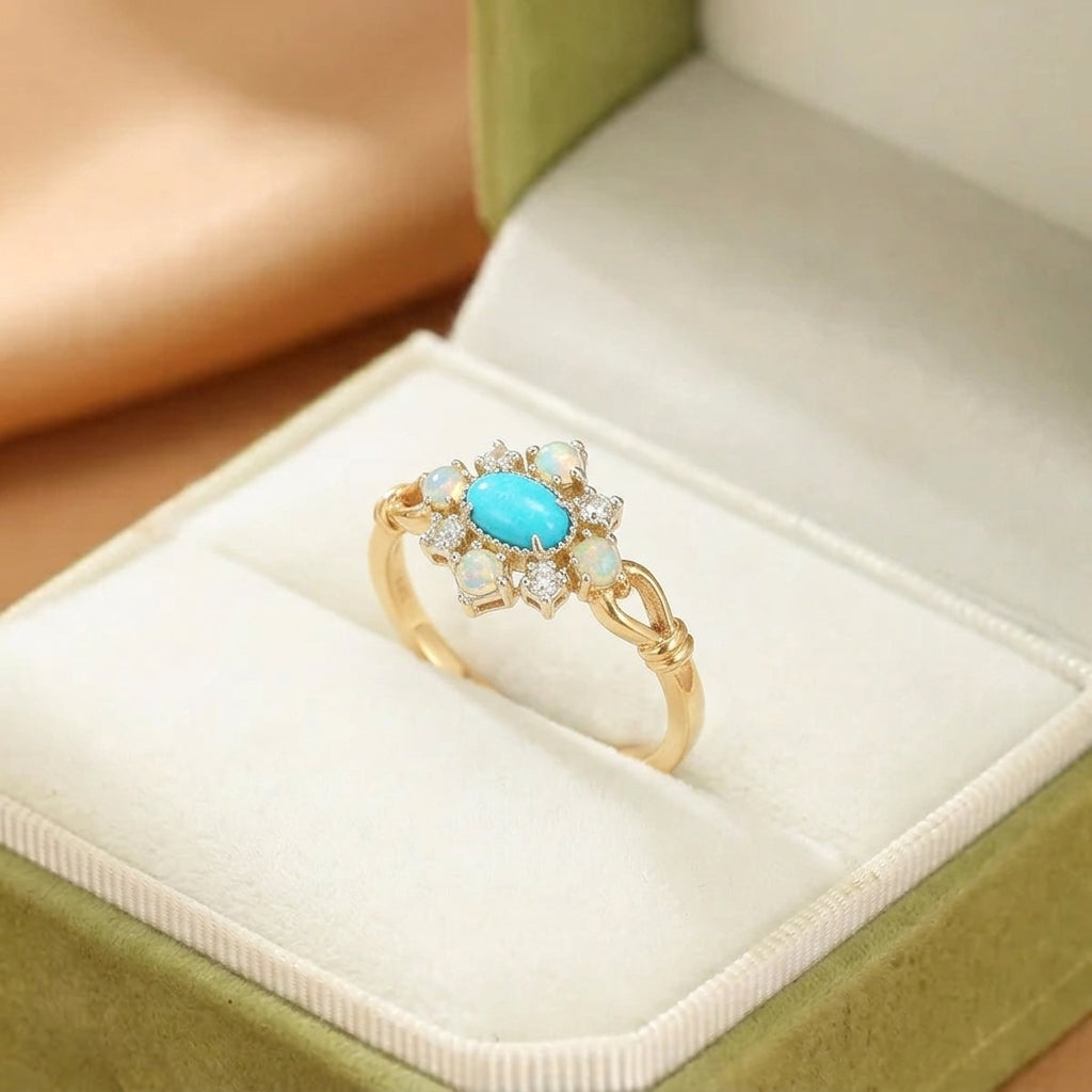 Bague en argent plaqué or 14K sertie d'une turquoise ovale centrale, entourée d'opales et de petites pierres scintillantes, le tout dans un écrin vert.