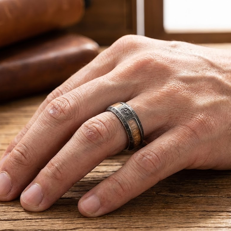 Bague viking en argent vieilli avec un anneau en bois naturel et des gravures runiques sur le pourtour, portée au doigt d'un homme.