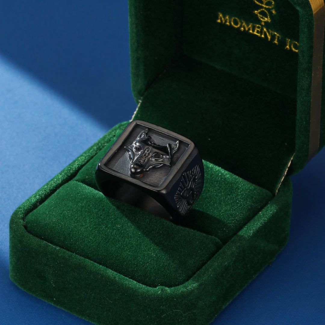 Bague Viking "Regard Sauvage" en acier noir avec une tête de loup gravée en relief sur le plateau carré, présentée dans un écrin en velours vert.