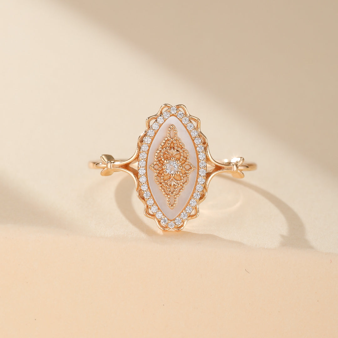 Bague Zircon et Nacre – Nostalgia, Argent Plaqué Or