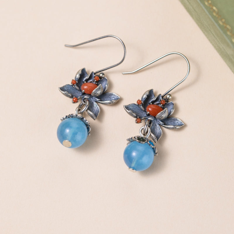 Boucles d'Oreilles Aigue Marine – Lotus Sérénité, Argent