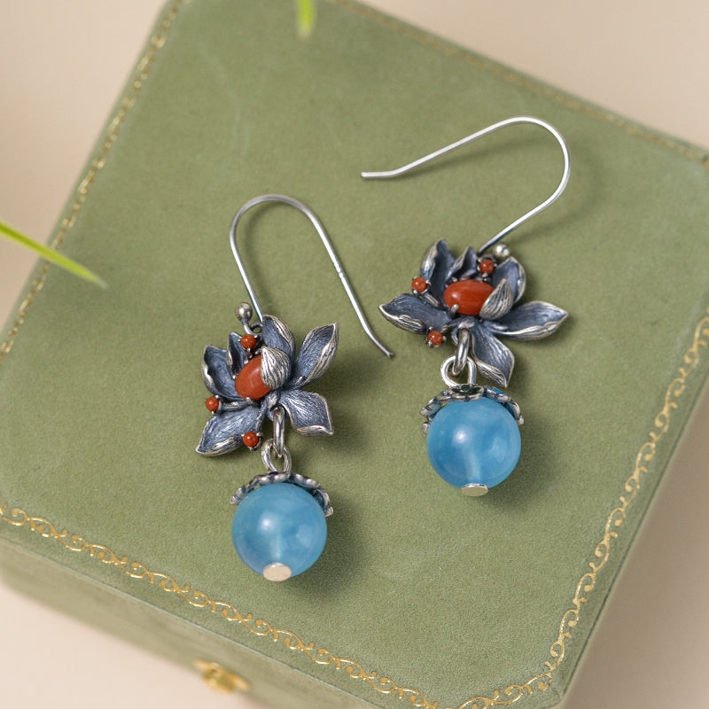 Boucles d'Oreilles Aigue Marine – Lotus Sérénité, Argent