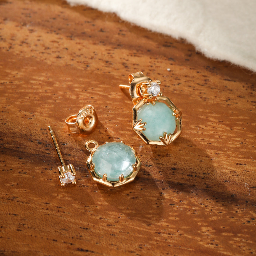 Boucles d'Oreilles Amazonite et Quartz Clair – Danse des Étoiles, Argent Plaqué Or