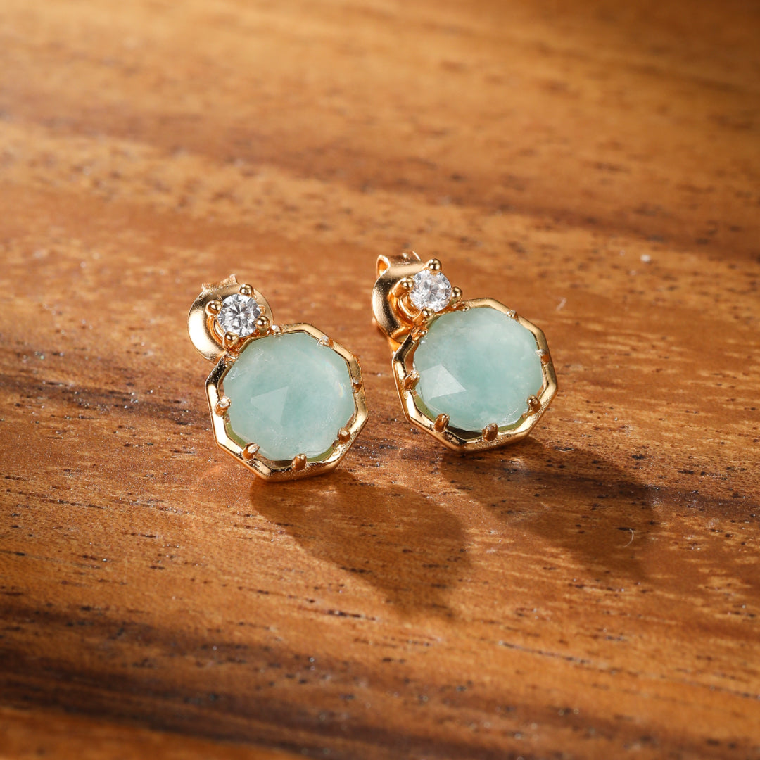 Boucles d'Oreilles Amazonite et Quartz Clair – Danse des Étoiles, Argent Plaqué Or