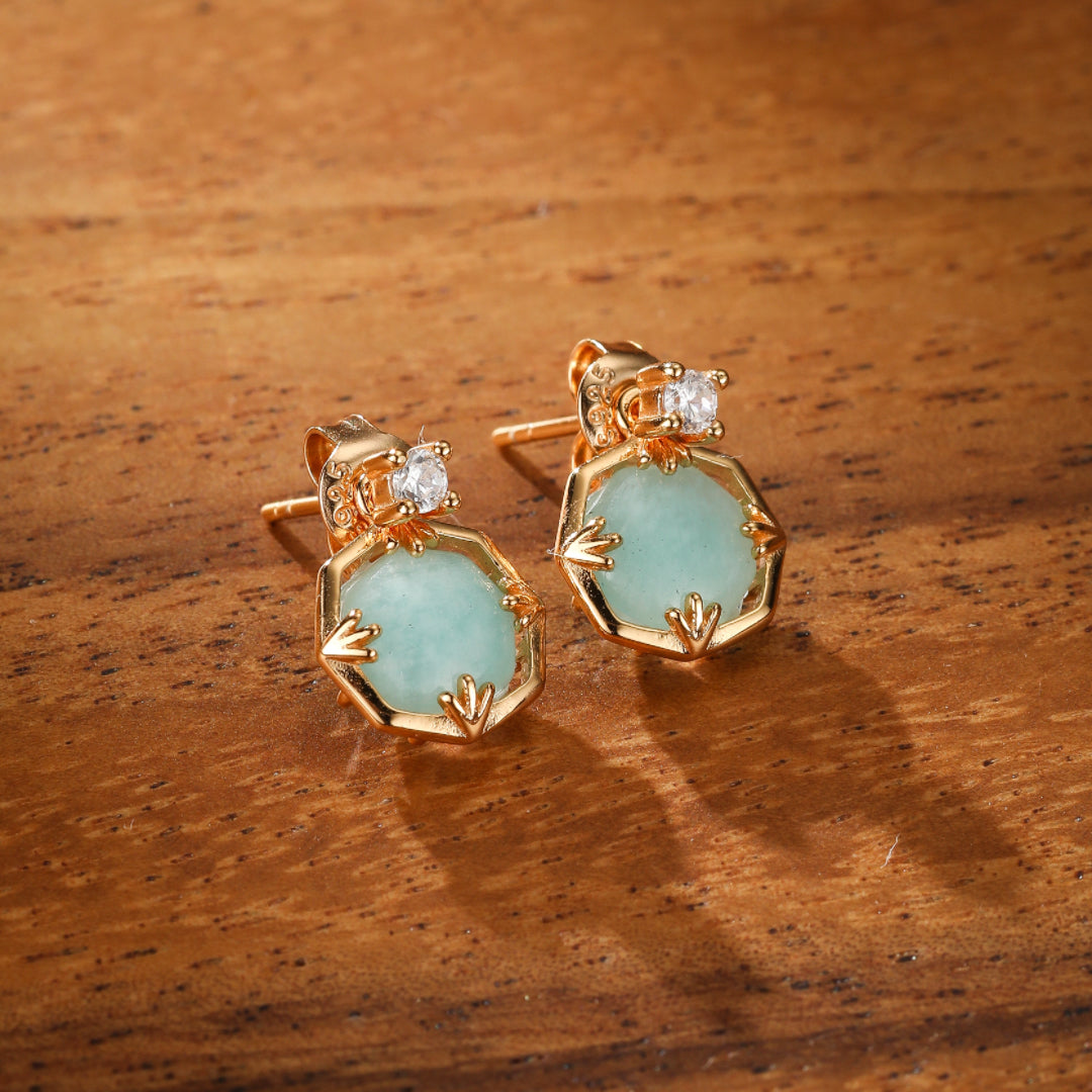 Boucles d'Oreilles Amazonite et Quartz Clair – Danse des Étoiles, Argent Plaqué Or