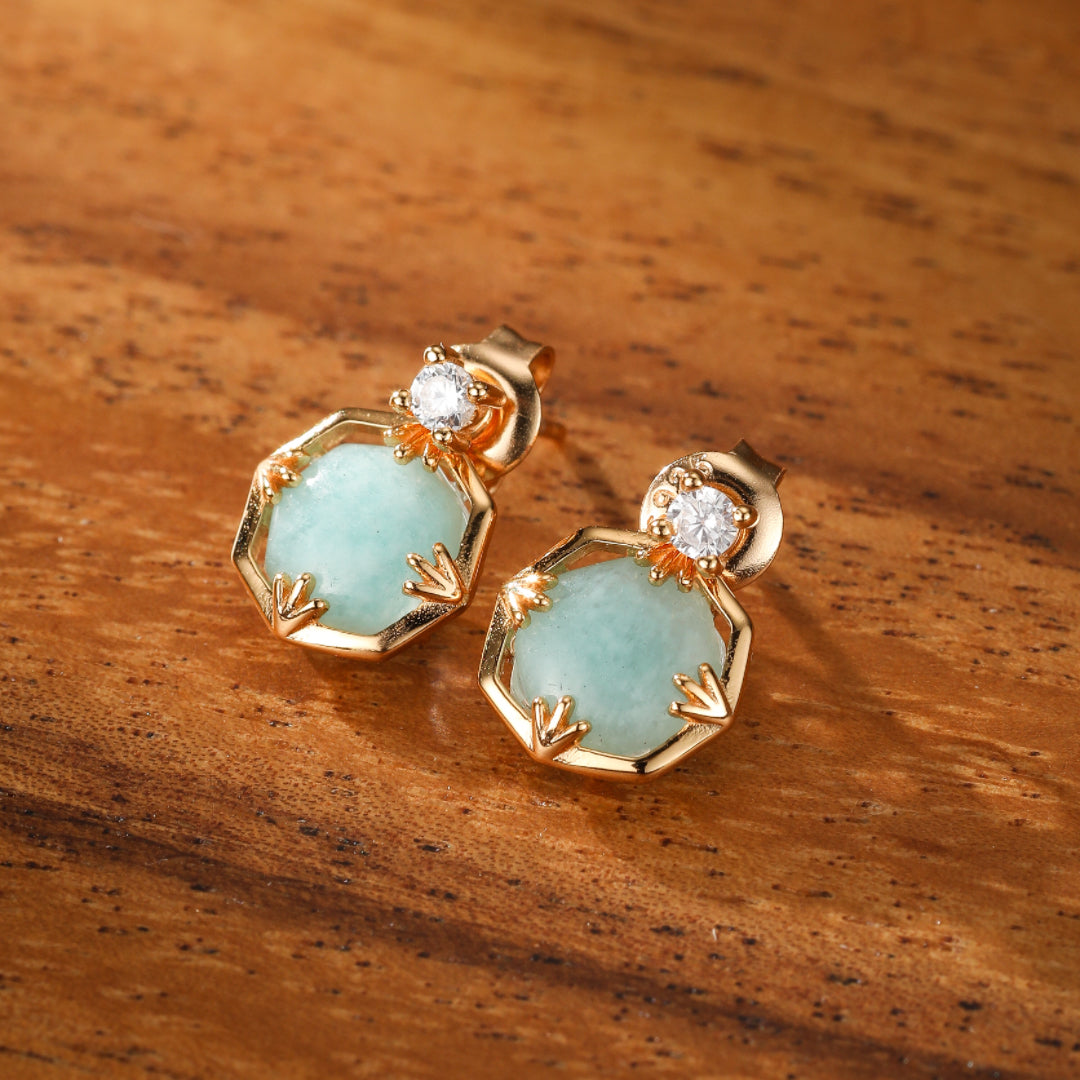 Boucles d'Oreilles Amazonite et Quartz Clair – Danse des Étoiles, Argent Plaqué Or