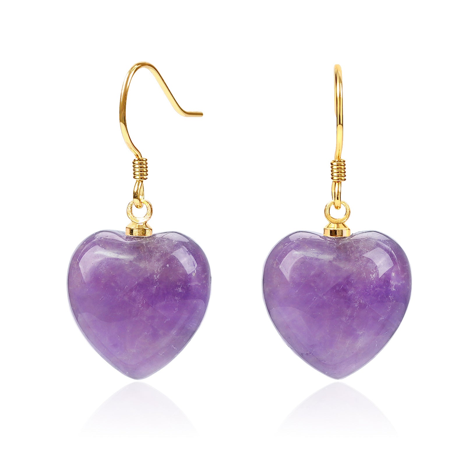Paire de boucles d'oreilles en forme de cœur en améthyste avec fermoirs en argent plaqué or.