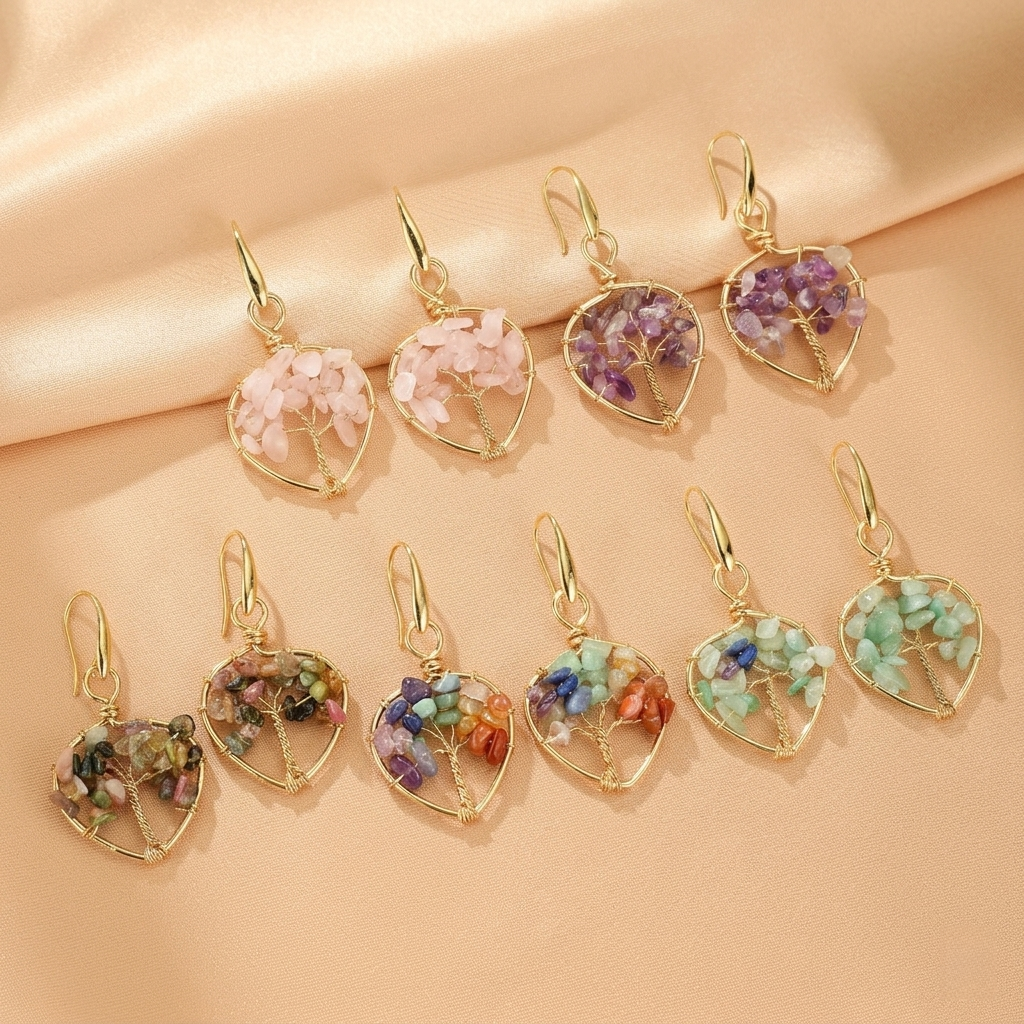 Ensemble de boucles d'oreilles en forme de cœur "Arbre Céleste" avec des pierres d'améthyste, de quartz rose, et d'autres pierres multicolores, montées sur du cuivre.