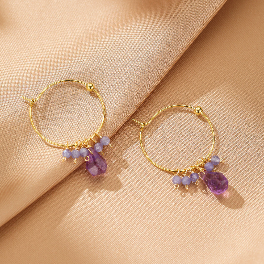 Amethyst and Tanzanite Earrings – Bohemian Aurora, Gold Plated Silver