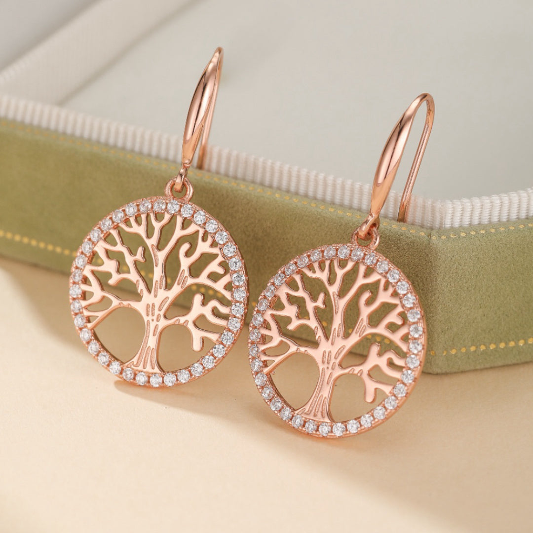 Boucles d'Oreilles Arbre de Vie – Renouveau, Argent Plaqué Or Rose