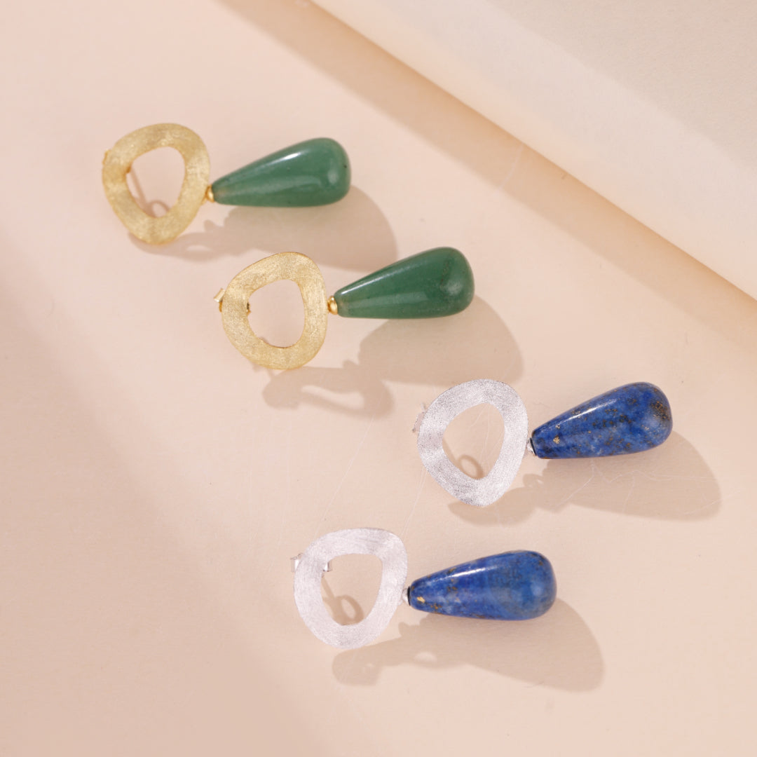 Boucles d'Oreilles Goutte Argent Plaqué Or | Aventurine & Lapis Lazuli