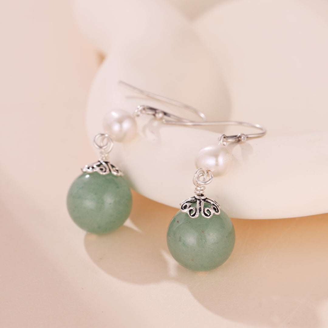 Boucles d'Oreilles Aventurine et Perle – Éclat Naturel, Argent