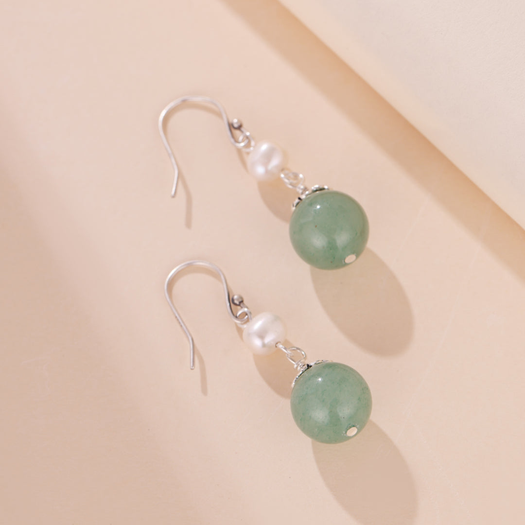 Boucles d'Oreilles Aventurine et Perle – Éclat Naturel, Argent