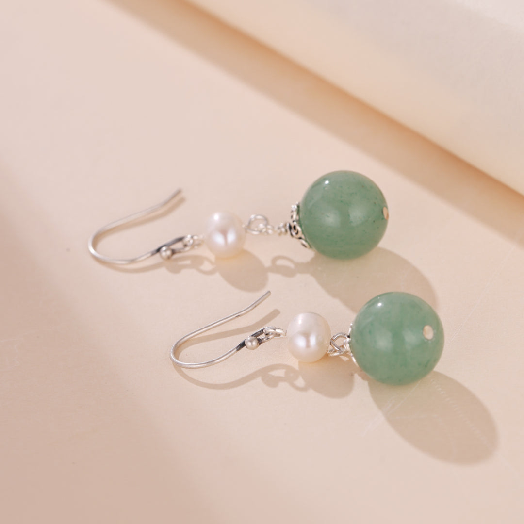 Boucles d'Oreilles Aventurine et Perle – Éclat Naturel, Argent