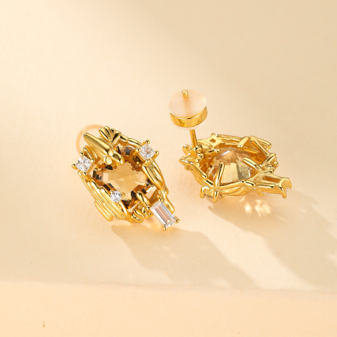 Boucles d'Oreilles Citrine – Trésor Radieux, Argent Plaqué Or