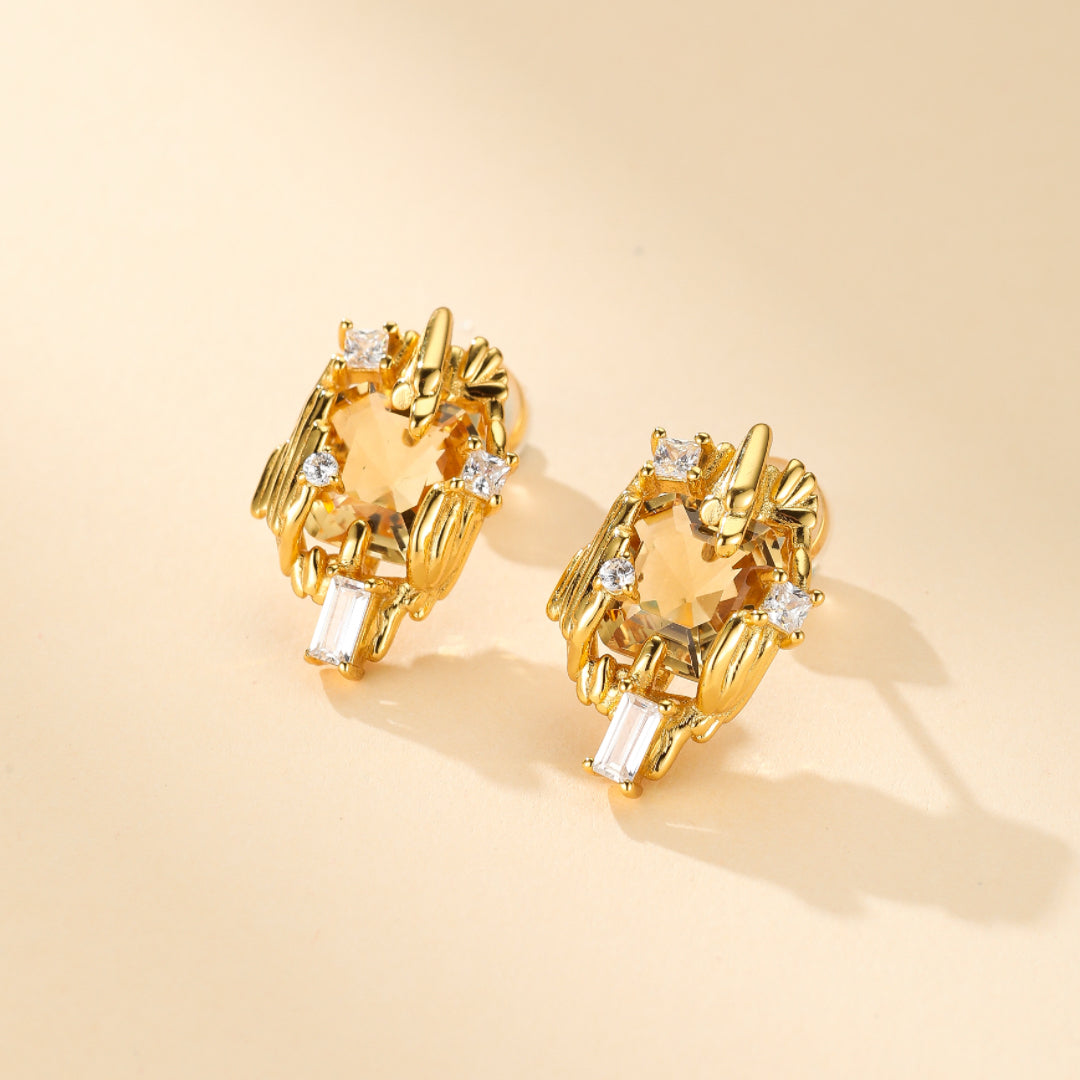 Boucles d'Oreilles Citrine – Trésor Radieux, Argent Plaqué Or