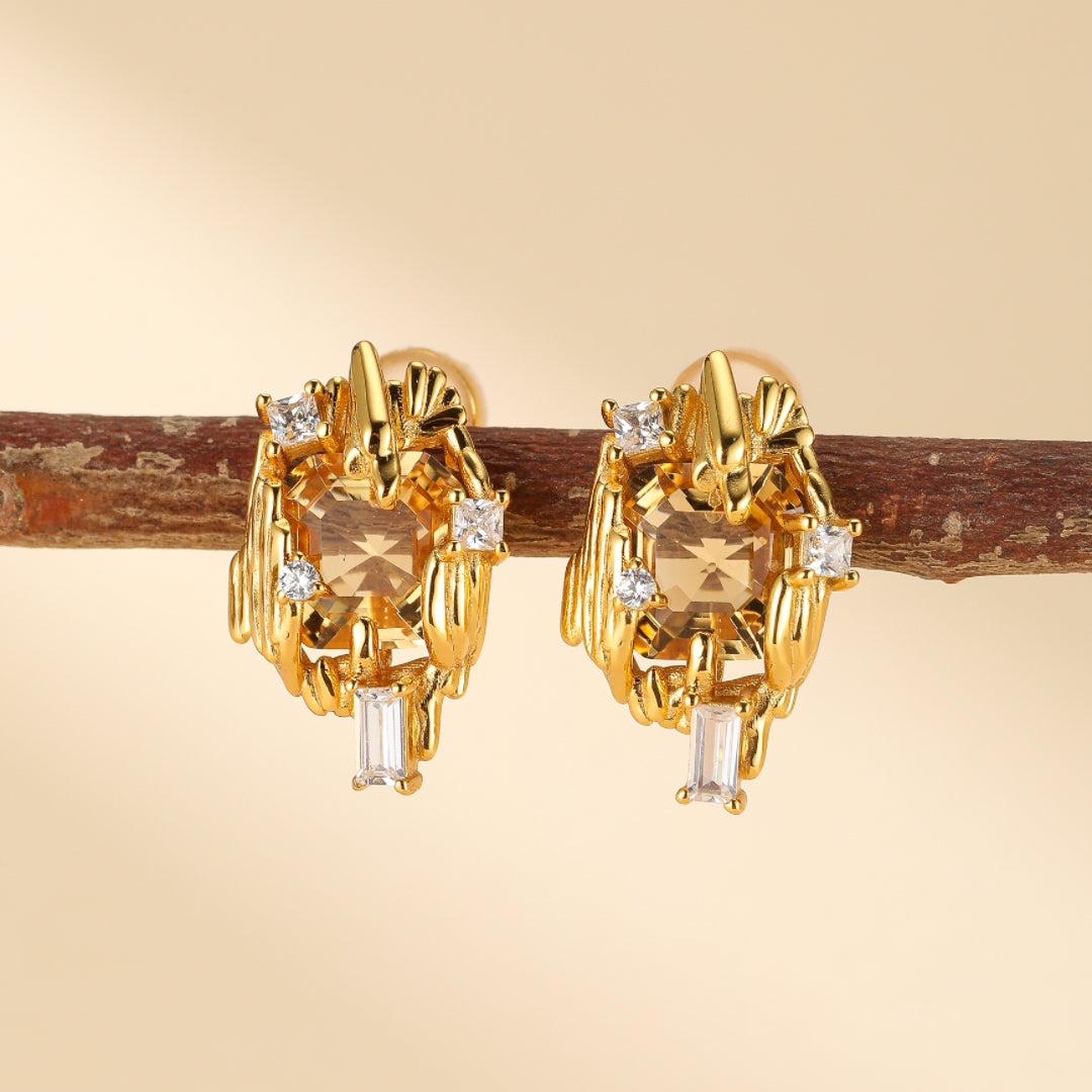 Boucles d'Oreilles Citrine – Trésor Radieux, Argent Plaqué Or