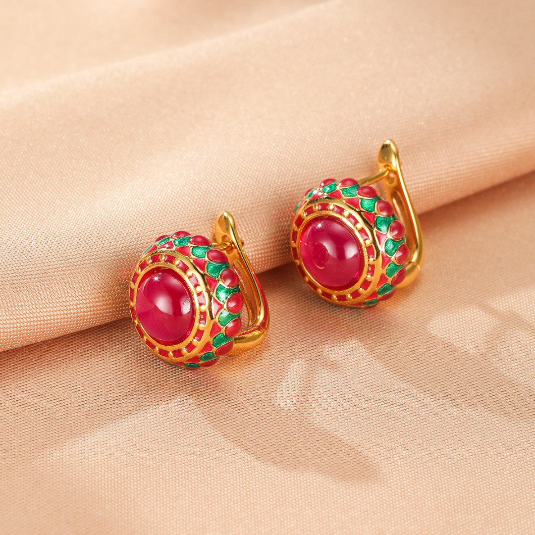 Carnelian Earrings – Royal Rosette, Enameled Silver
