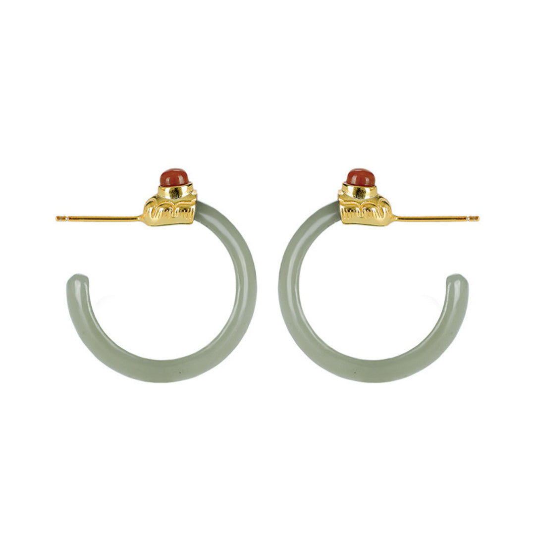 Boucles d'Oreilles Créoles Jade et Agate – Charme Antique, Argent Plaqué Or