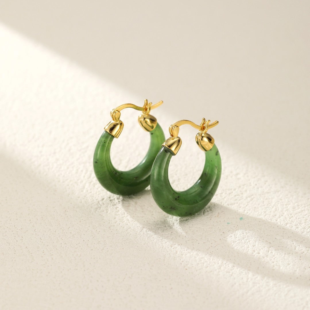 Boucles d'Oreilles Créoles Jade – Sérénité, Argent Plaqué Or