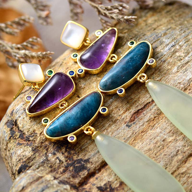 Boucles d'Oreilles Jade, Améthyste et Apatite – Éclat Serein