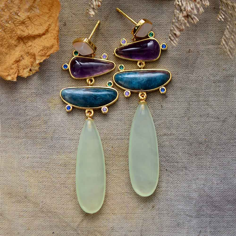 Boucles d'Oreilles Jade, Améthyste et Apatite – Éclat Serein