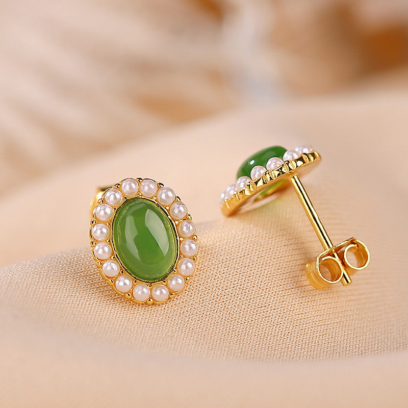 Boucles d'Oreilles Jade et Perle – Douceur, Argent Plaqué Or