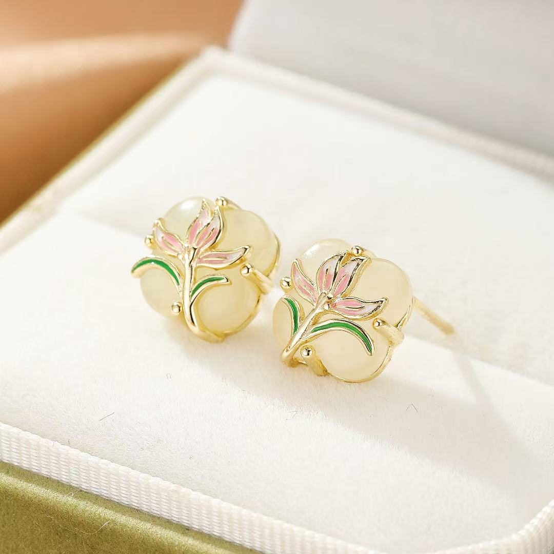 Bijoux-Boucles d’oreilles Jade – Lumière Botanique, Argent Plaqué Or