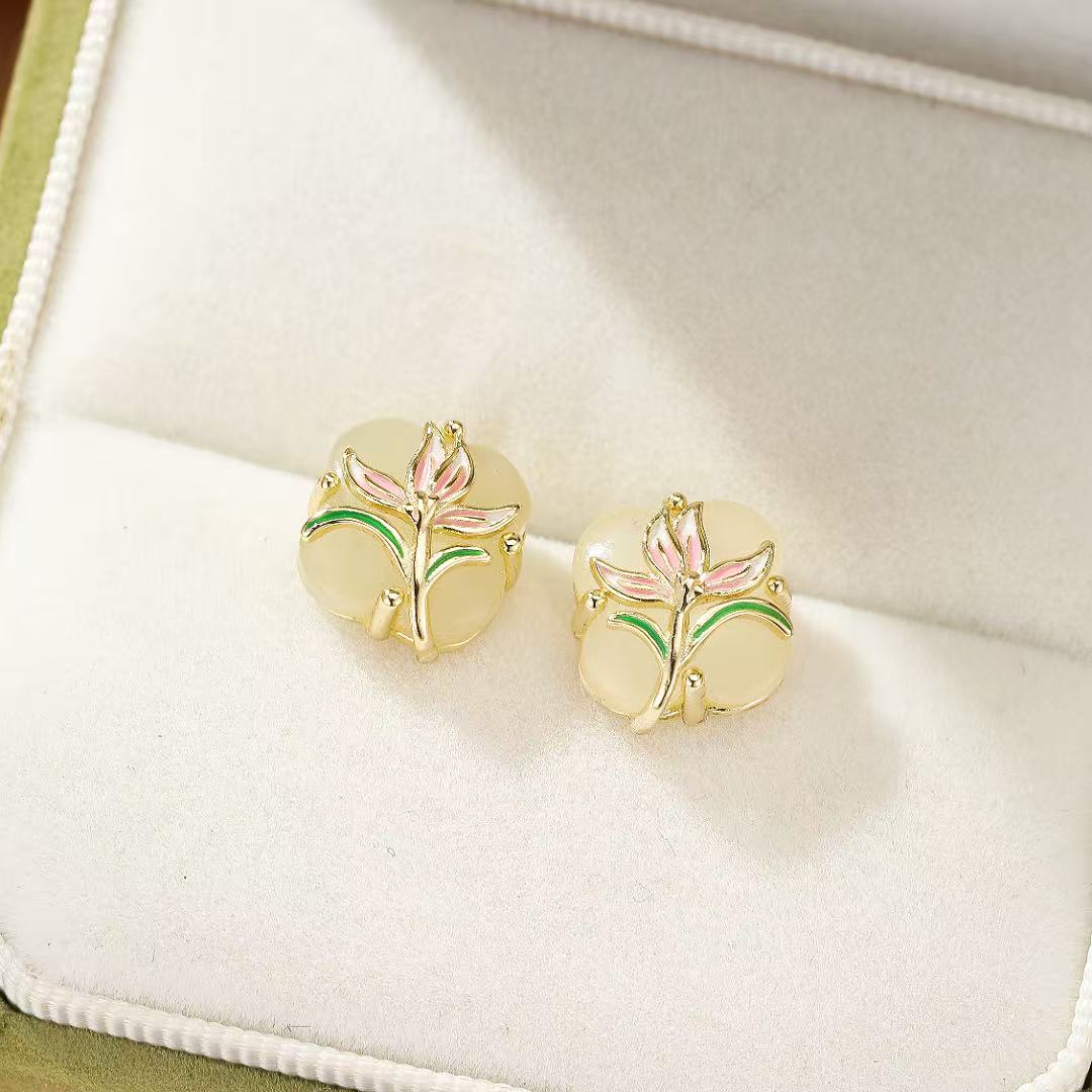 Bijoux-Boucles d’oreilles Jade – Lumière Botanique, Argent Plaqué Or