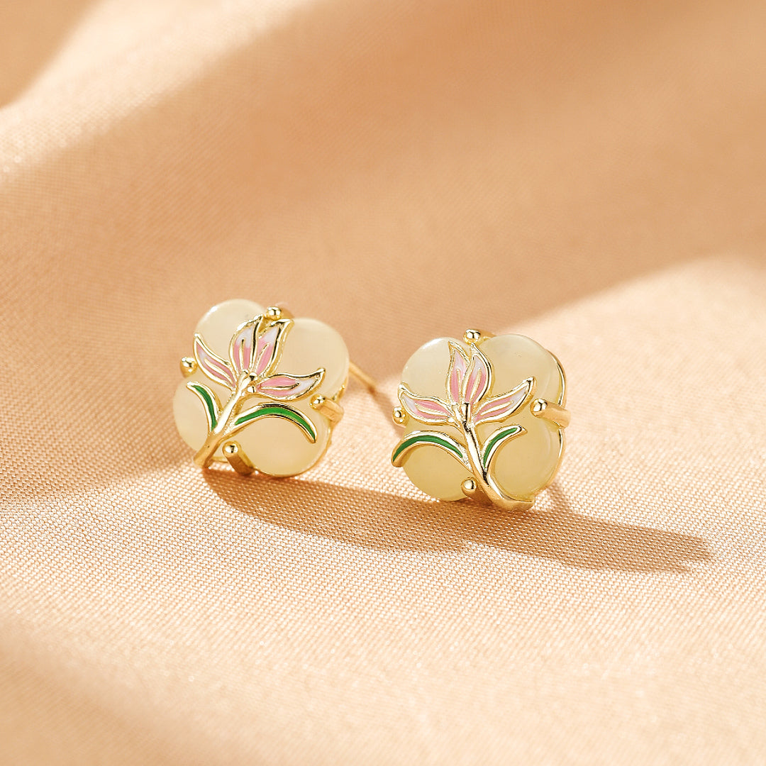 Bijoux-Boucles d’oreilles Jade – Lumière Botanique, Argent Plaqué Or