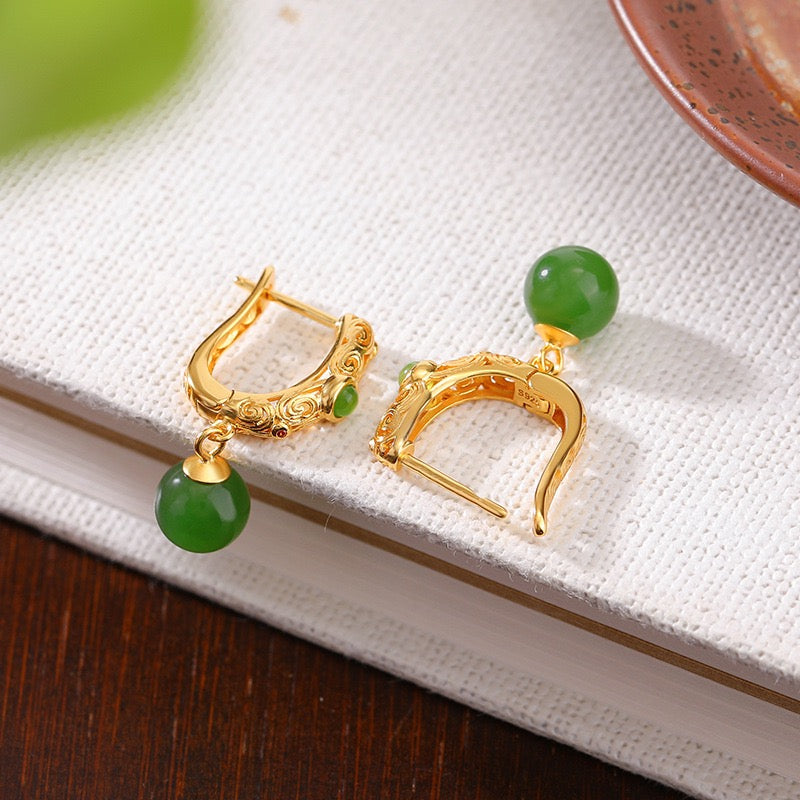 Boucles d'Oreilles Jade – Jardin Impérial, Argent Plaqué Or
