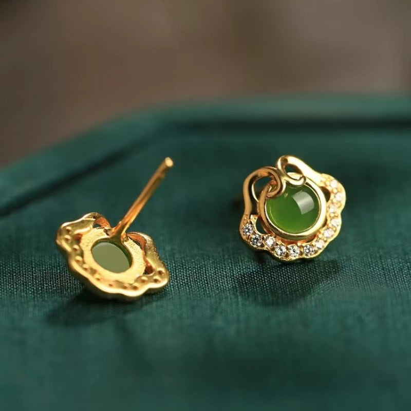 Boucles d'Oreilles Jade – Nuage de Bonheur, Argent Plaqué Or