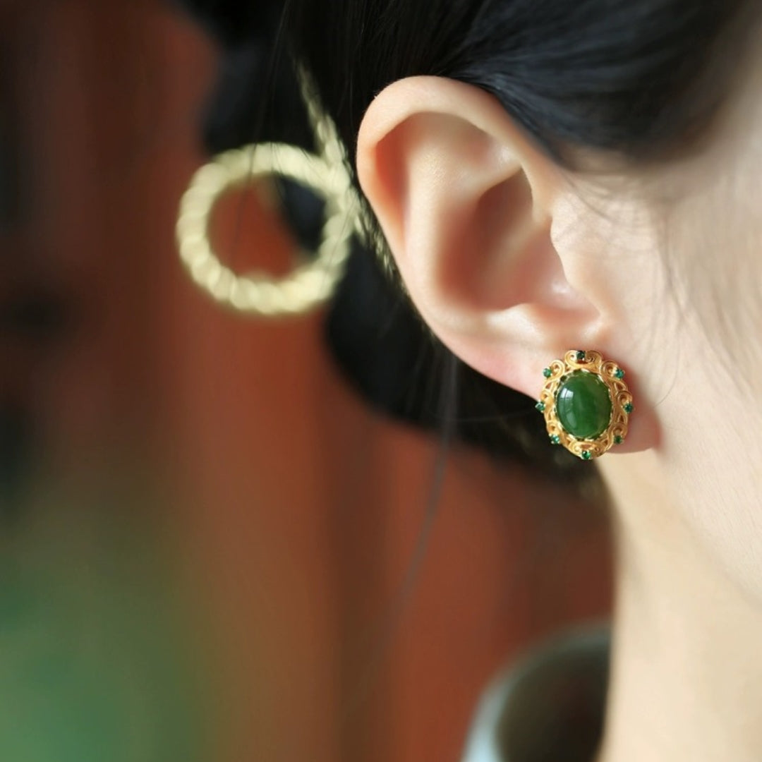 Boucles d'Oreilles Jade – Nuage de Félicité, Argent Plaqué Or