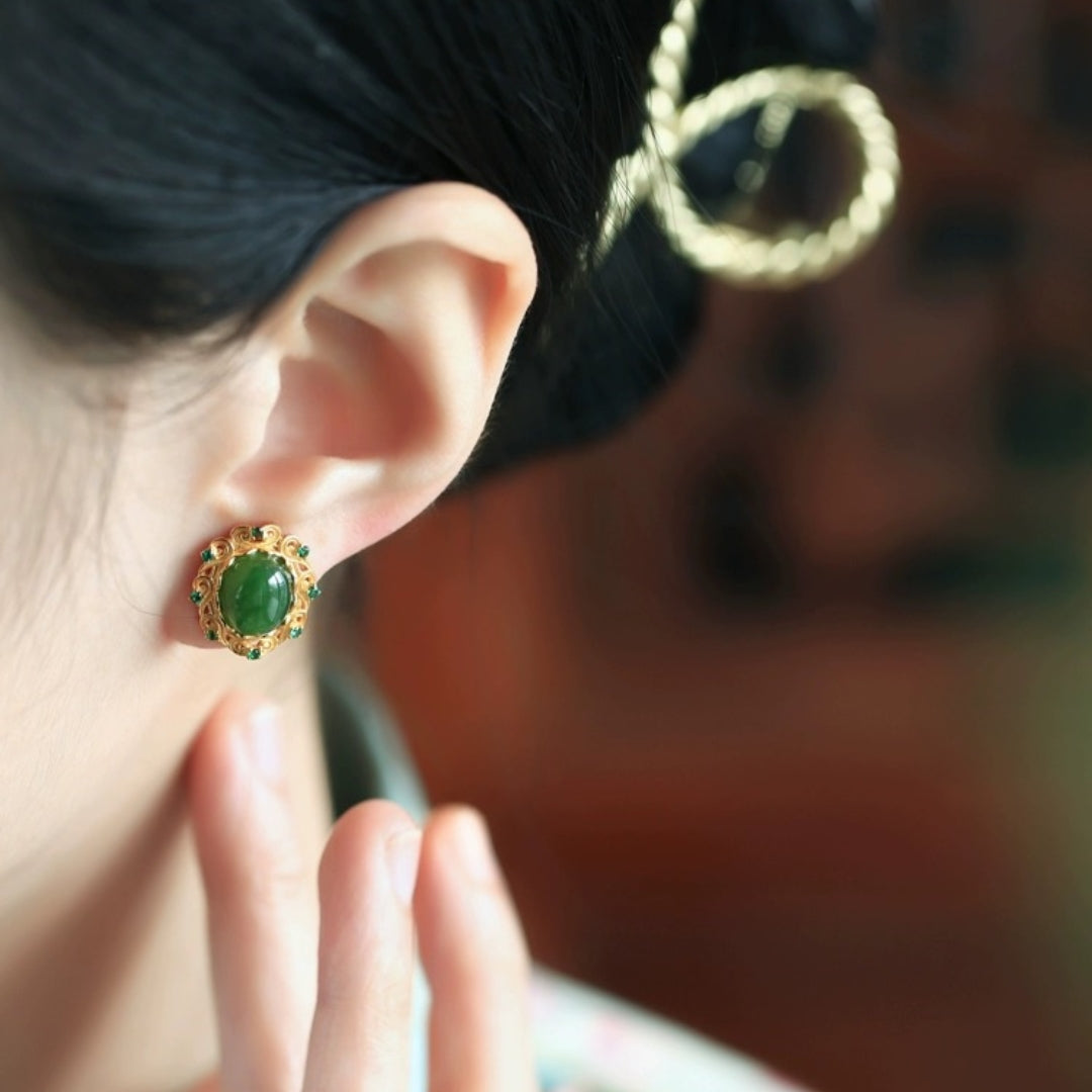 Boucles d'Oreilles Jade – Nuage de Félicité, Argent Plaqué Or