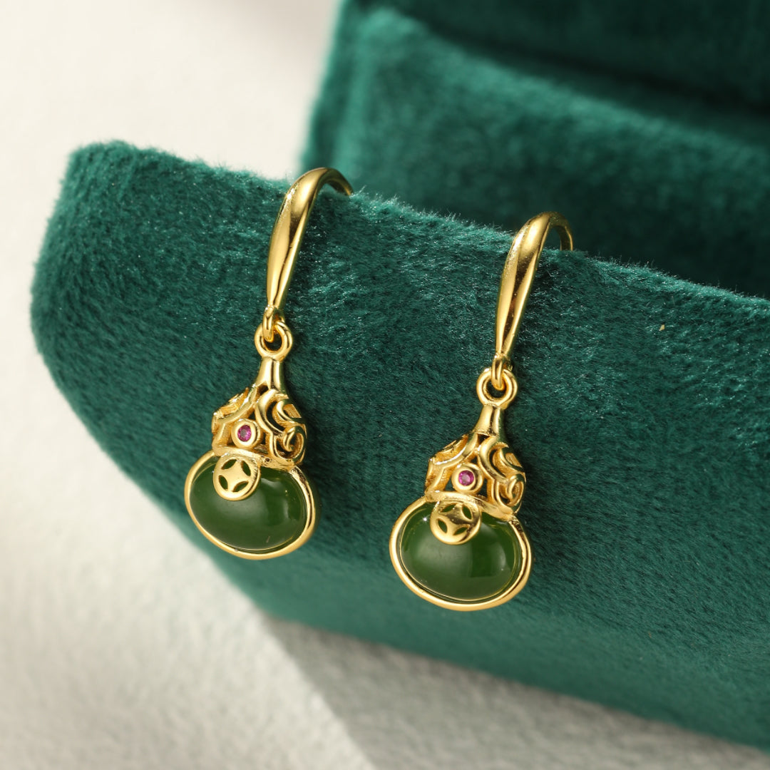 Jade Earrings – Rays of Wisdom, Gold Plated Silver