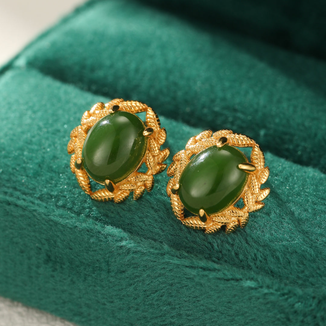 Boucles d'Oreilles Jade – Reine de Jade, Argent Plaqué Or